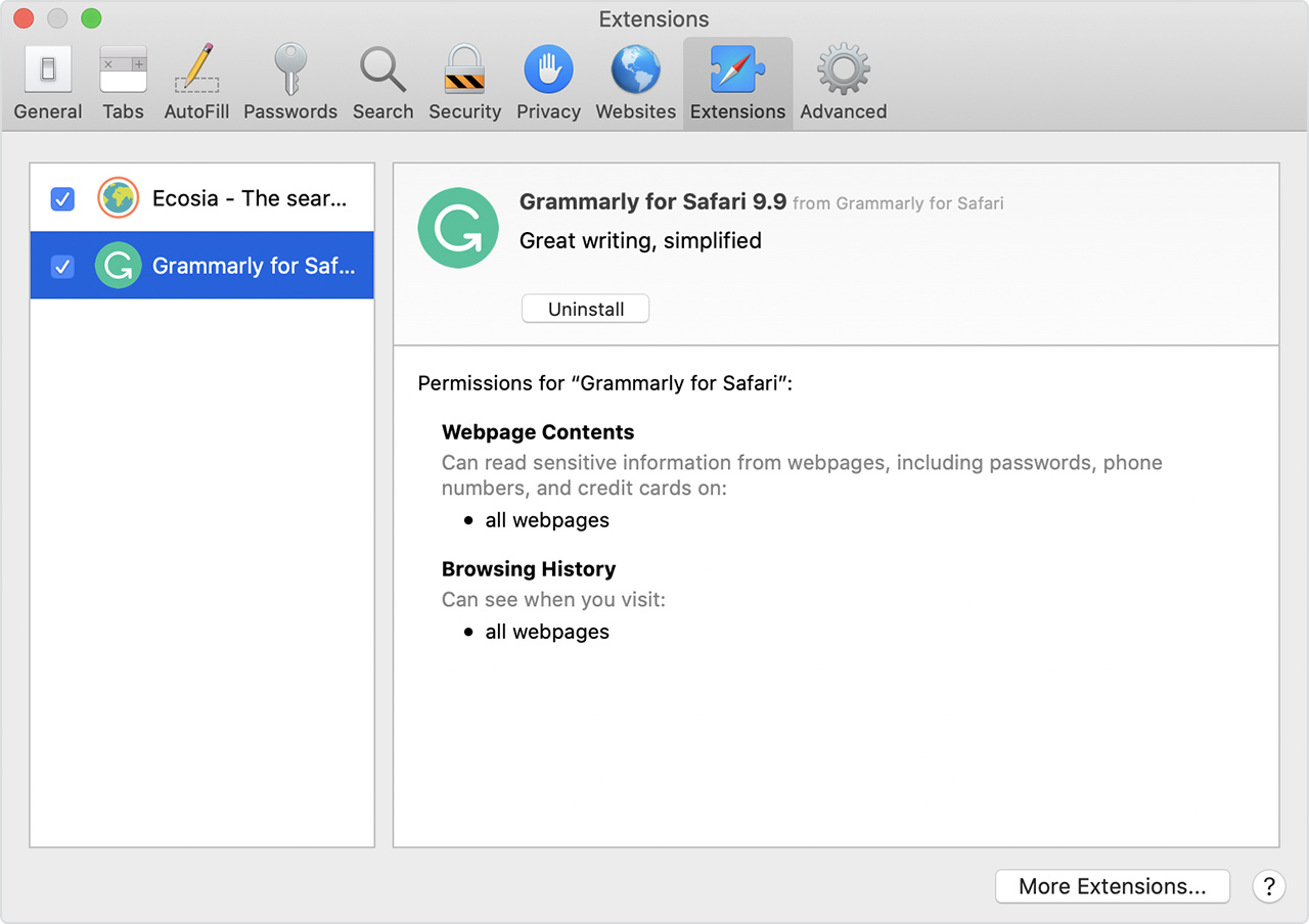 Manage Extension Window